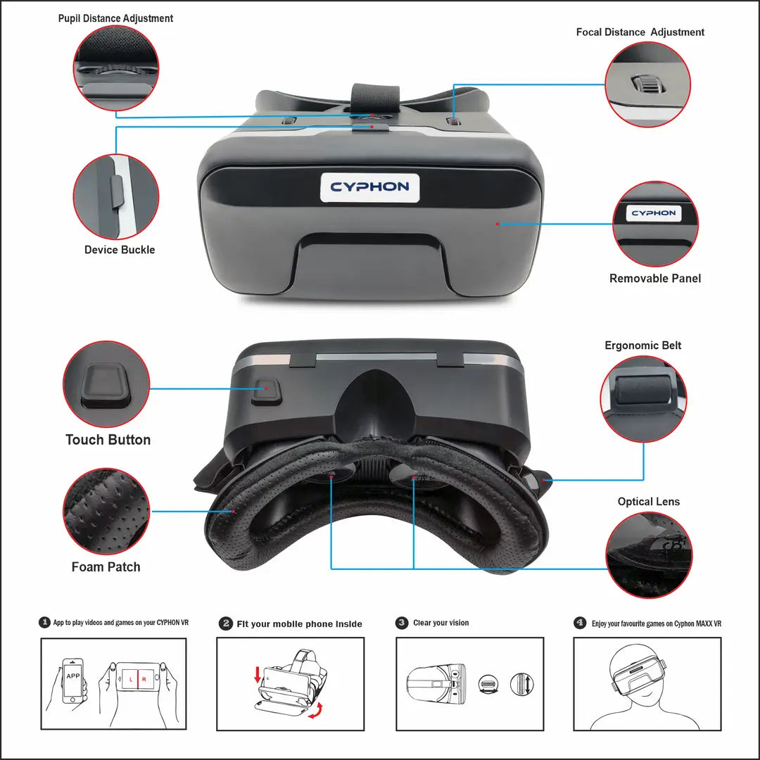 CYPHON Virtual Reality Maxx Set Smart Glasses Anti-Radiation Adjustable Screen Headband maxx VR for All Smartphones (Black Color)