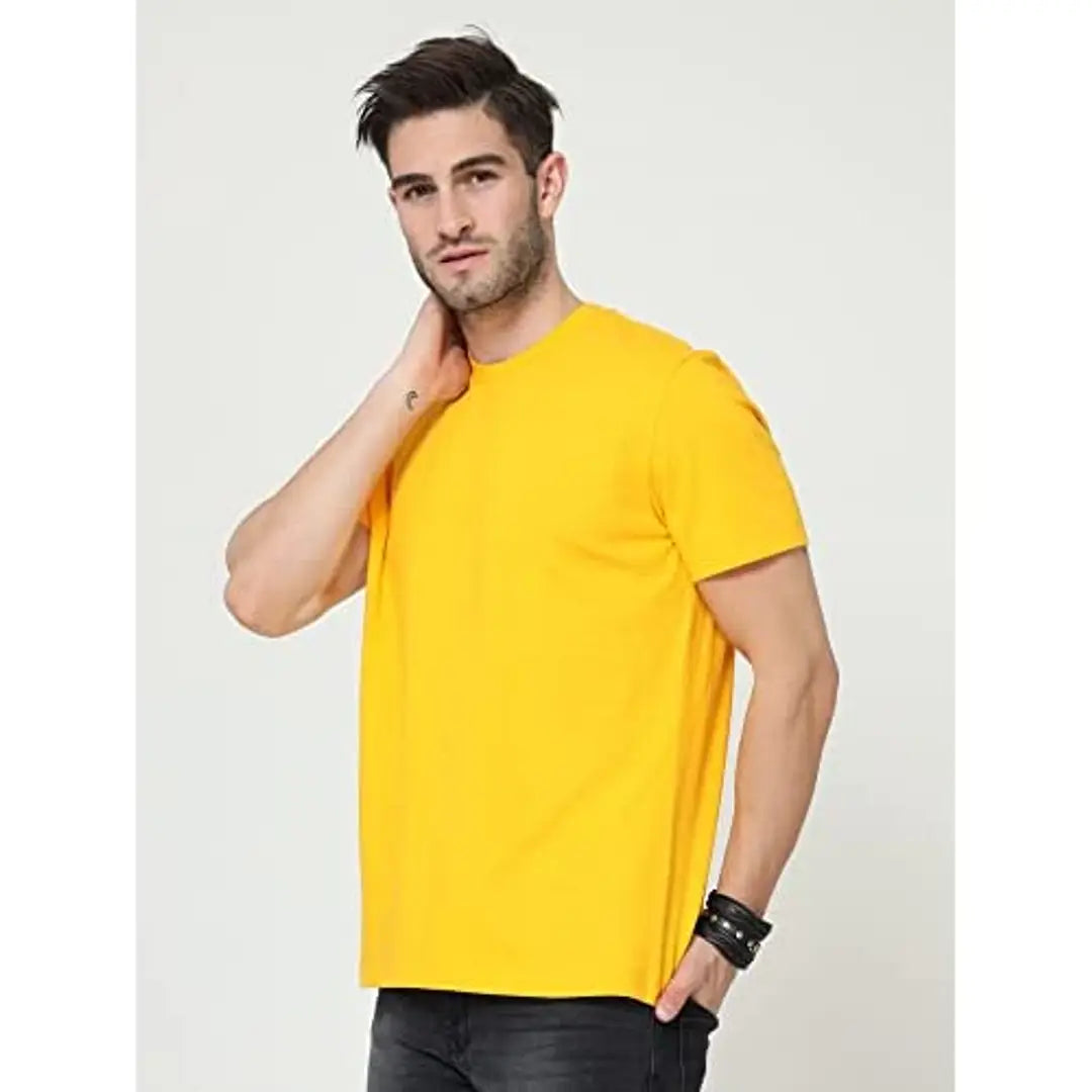 Men Solid Regular Fit T-Shirt | Men's Half Sleeves Cotton Round Neck T-Shirt (Small, Yellow)