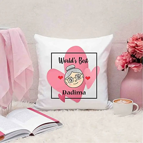 Designer Unicorn Printed Couple Cushion Cover with Filler, World's Best Dadima 12X12 inches