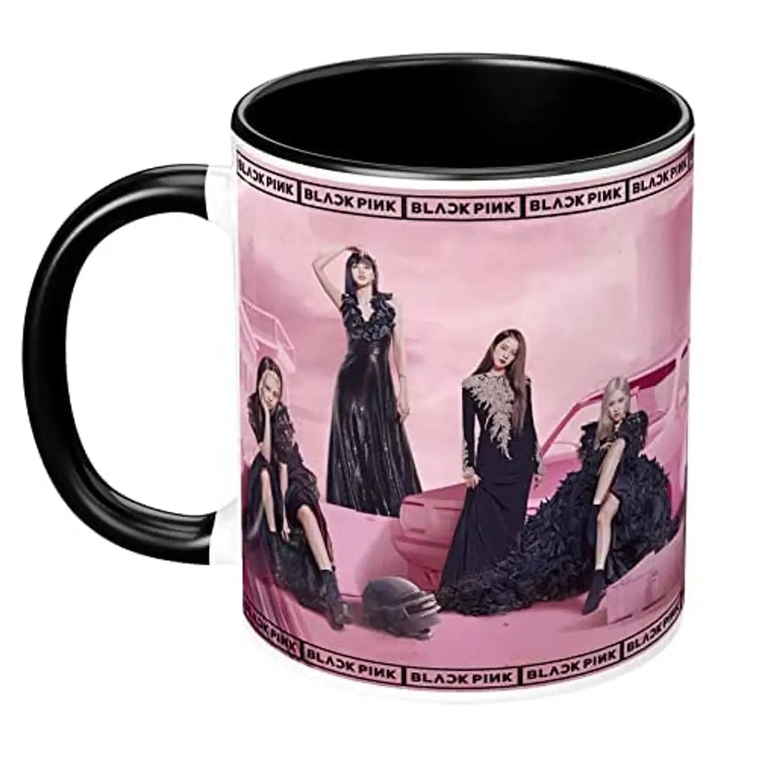 NH10 DESIGNS Black Pink Mug Blackpink Signature Mug with Keychain Gift for Girls Boys Hd Printed Microwave Safe Three Tone Black Ceramic Coffee Mug (350 ml)(3TONEBLKPNKMK-07) Pack of 2