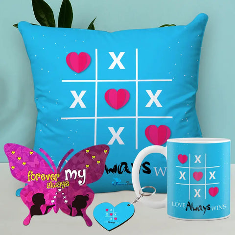 Valentine Gift Combo Printed Cushion with Filler, Coffee Mug With Butterfly Shaped Greeting Card And Heart Shaped Wooden Key Chain