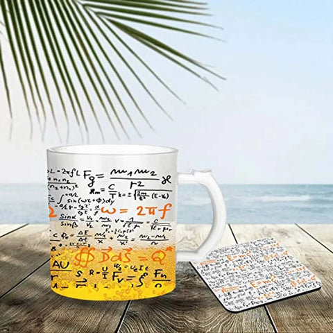 Morons Einstein Formula Mug with Quotes | Printed Glass Coffee/Beer Mug with Coaster for Science Lovers | 330 ml, [Pack of 2; 1 Mug  1 Coaster]