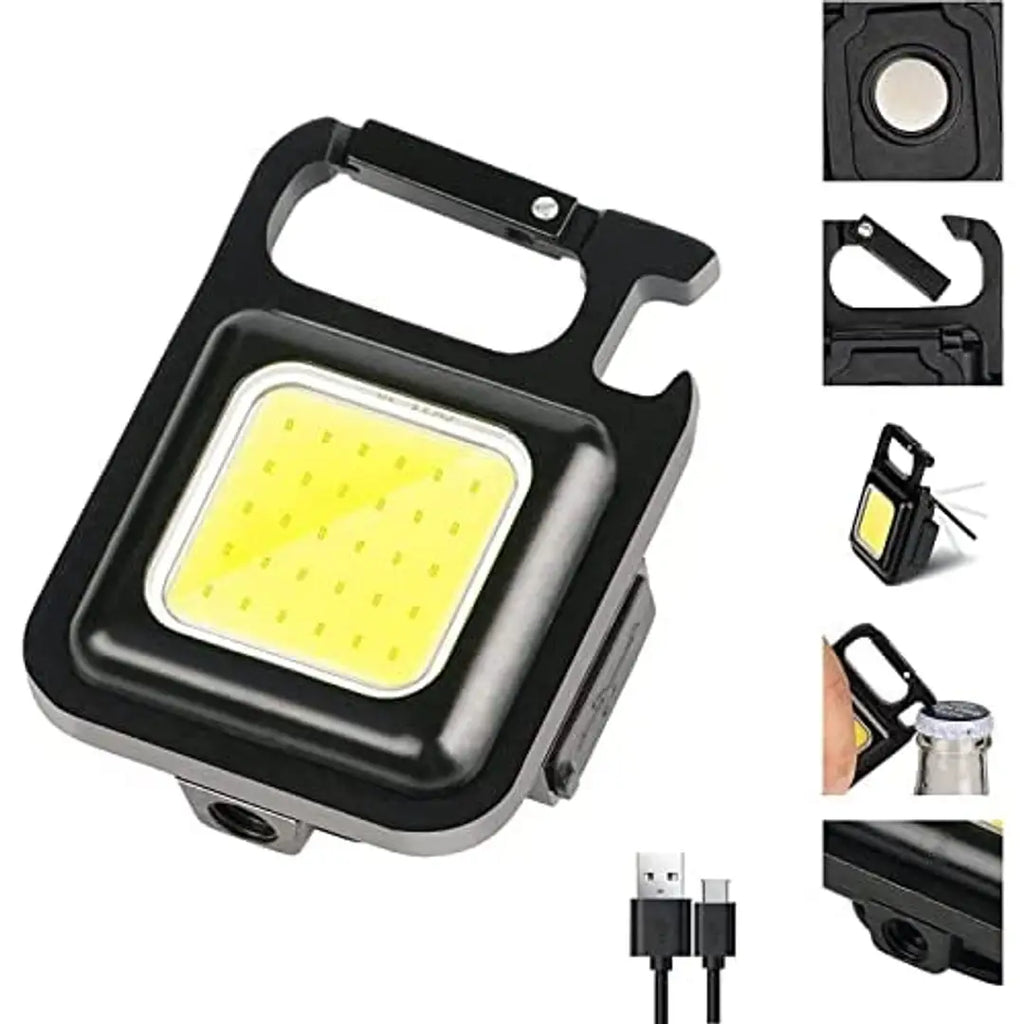 MBUYS MALL COB Small Flashlights 1000 Lumens Mini Keychain Flashlight, Rechargeable 4 Modes Portable Pocket Light with Folding Bracket Bottle Opener for Fishing Walking Camping