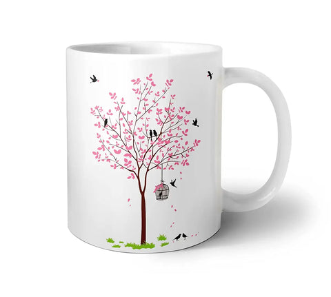 APSRA Bird  Floral Print, Colourful Tree Printed Coffee Mug, Best Gift for Bird's Lover - 1 Piece, White, 325ml