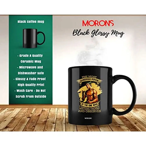 Morons Printed Black Patch Quote by Bruce Lee Coffee Mug | Bruce Lee Merchandise | Printed Motivational Quotes on Coffee Mug Gift for Friends (Black, Pack of 1, 330 ml)