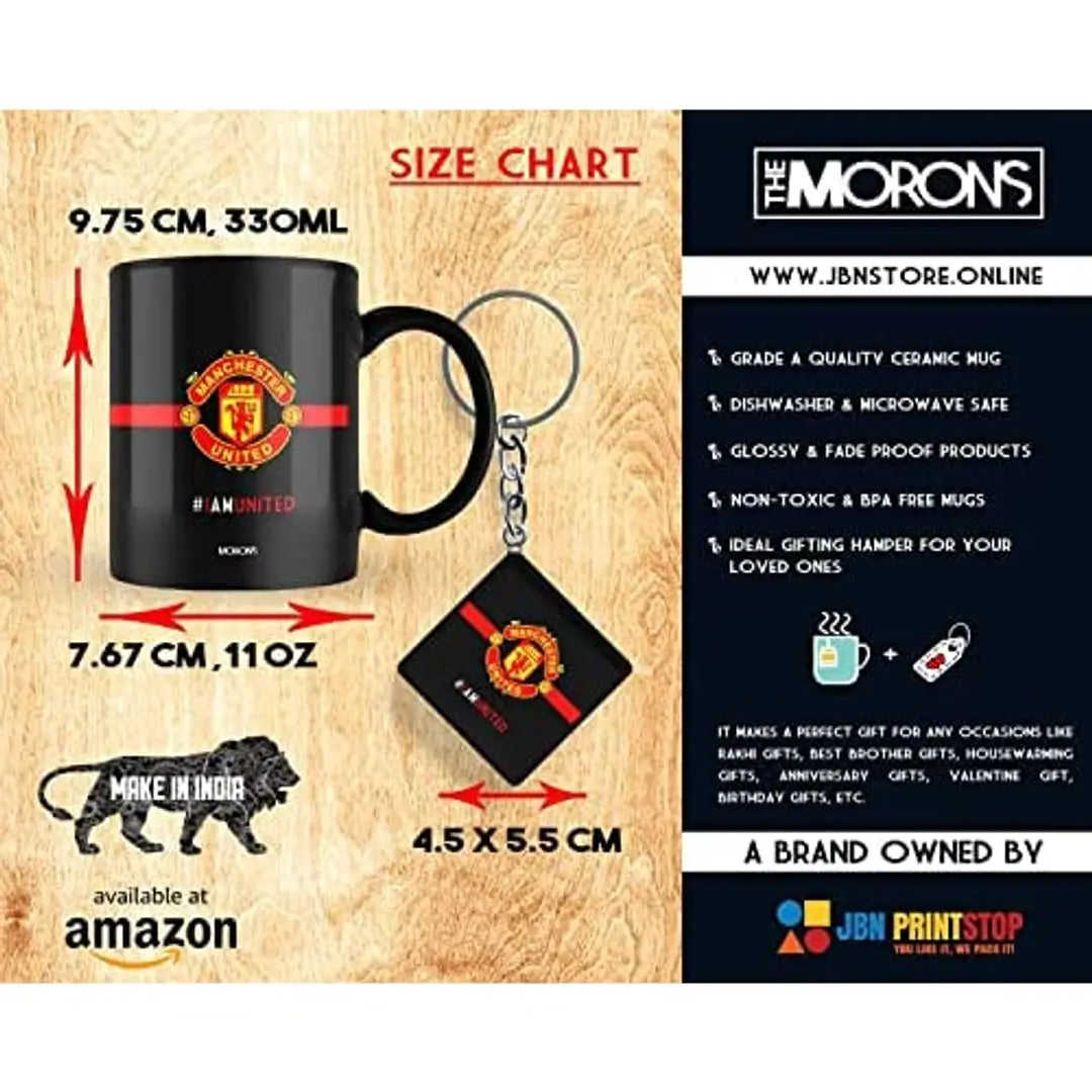 MORONS I Am United - Man United Black Coffee Mug Merchandise, Man Utd Printed Coffee Mug & Keychain Gift Set [330 ml, Ceramic; Black]
