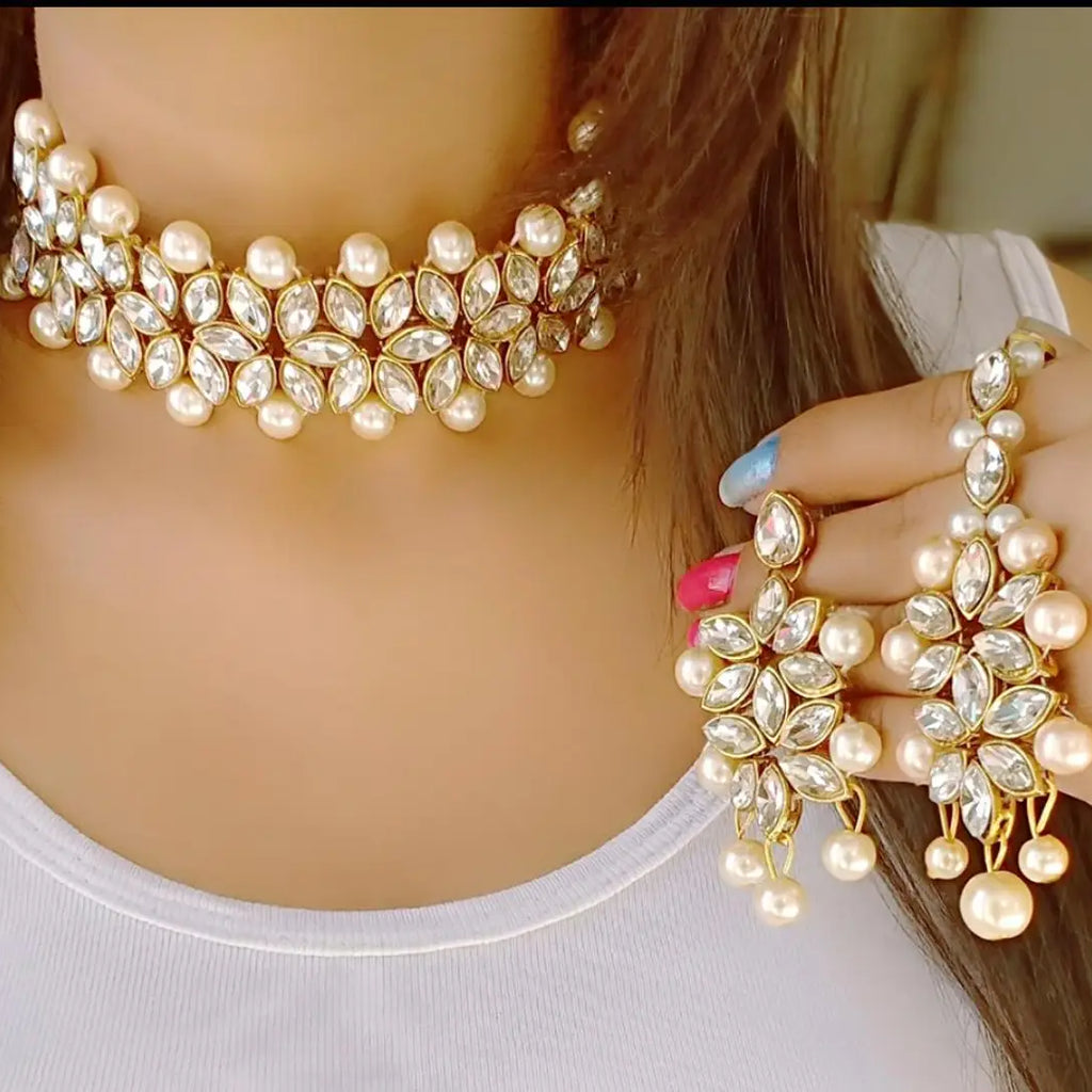 Stylish Golden Alloy Beads Choker Necklace With Mangtikka And Earring Set