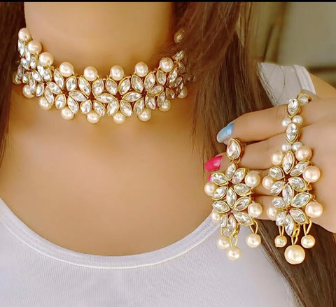 Stylish Golden Alloy Beads Choker Necklace With Mangtikka And Earring Set
