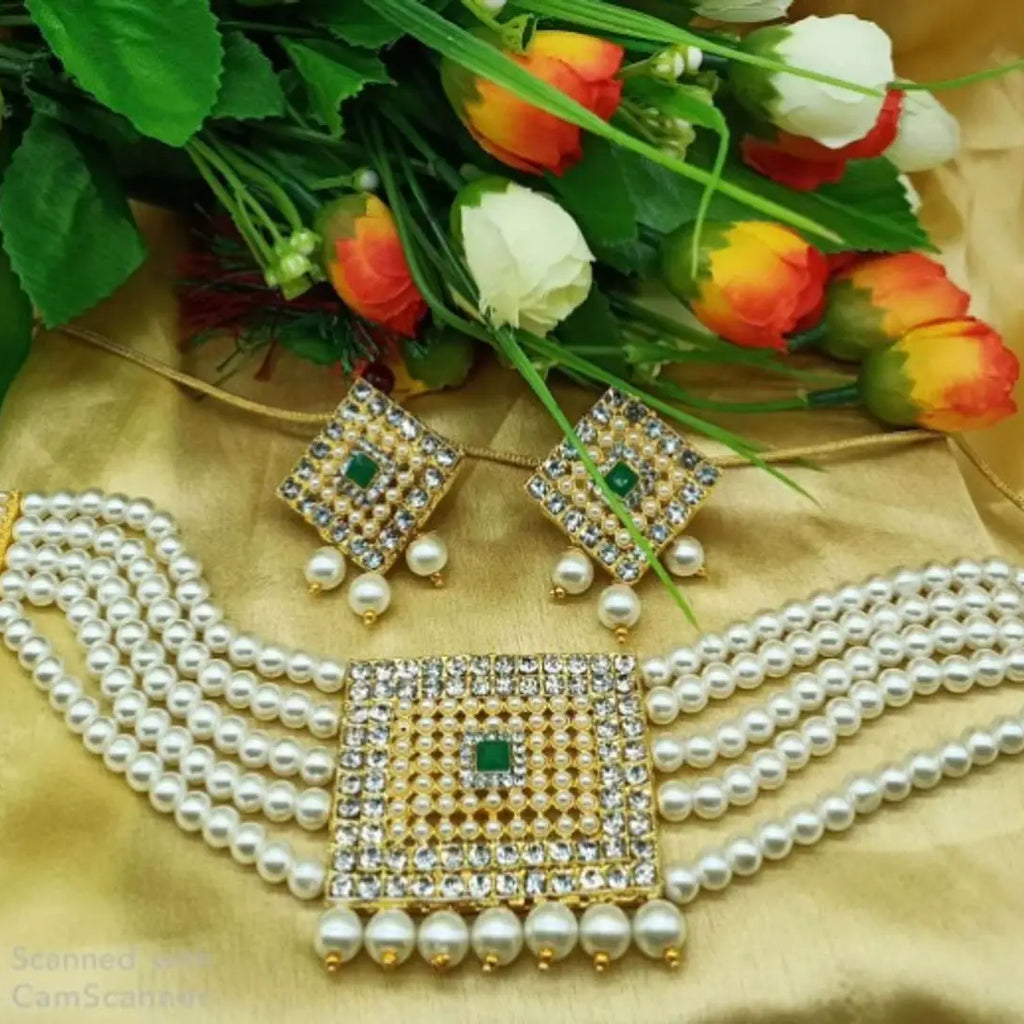 Square Pendant Pearl Choker Necklace Earring Unique Jewellery Set