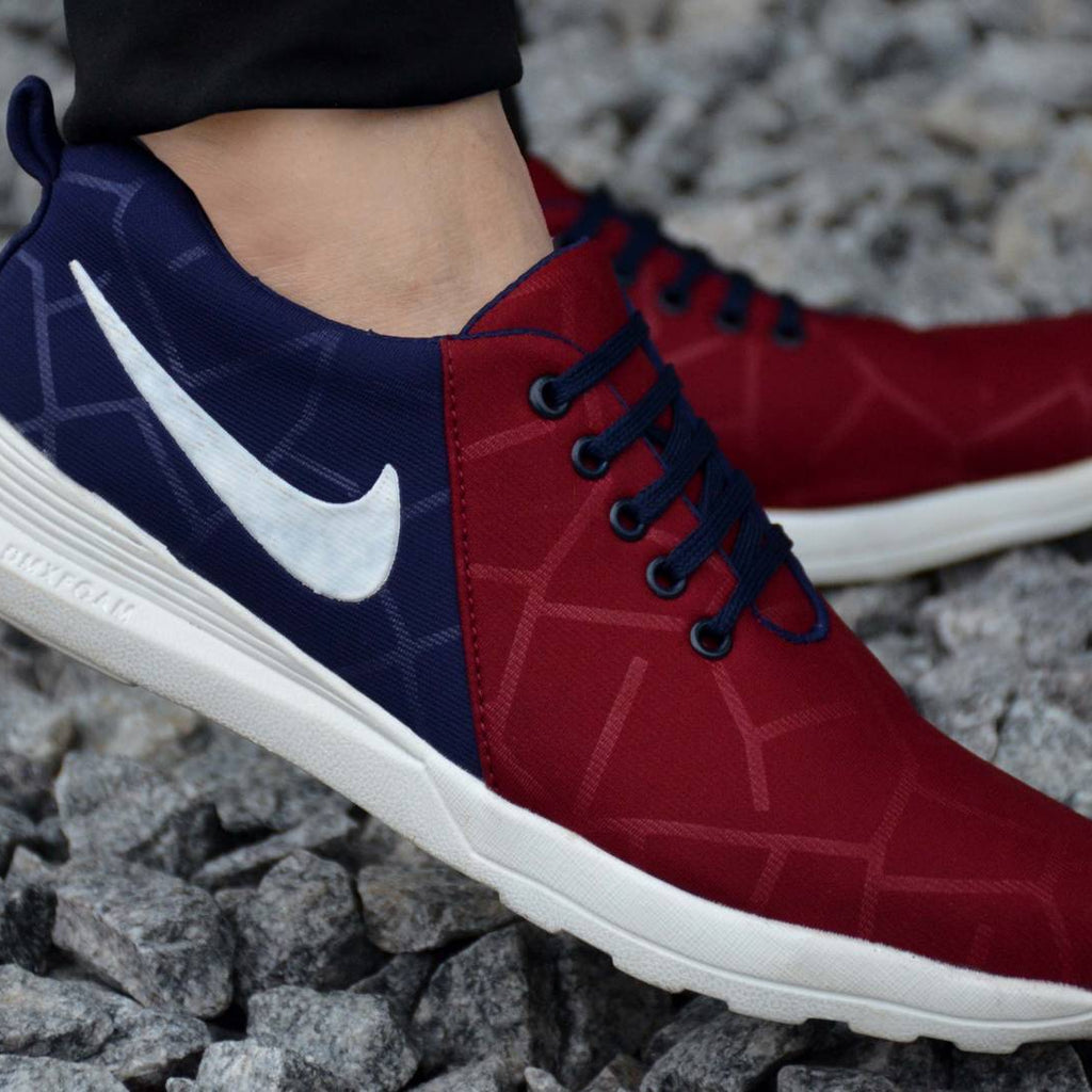 Elite Maroon and Blue Mesh Self Design Sneakers for Men