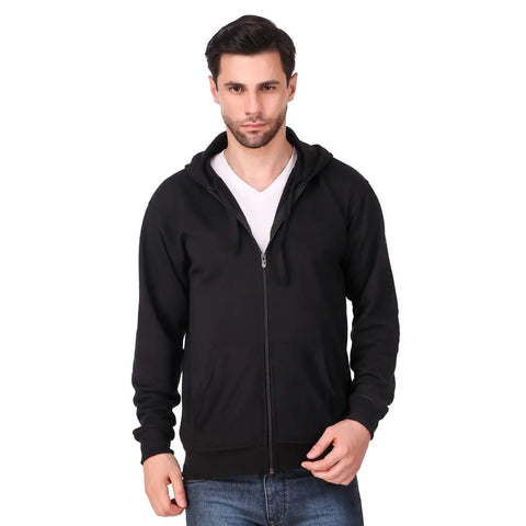 Black Solid Cotton Hooded Zipper Sweatshirt  for Men's