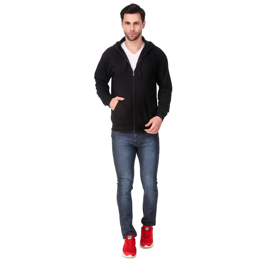 Black Solid Cotton Hooded Zipper Sweatshirt  for Men's