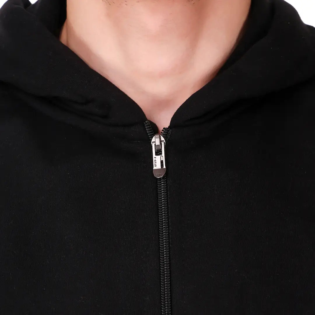 Black Solid Cotton Hooded Zipper Sweatshirt  for Men's