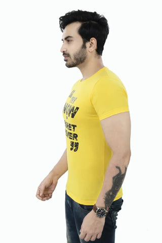 Yellow Printed Cotton Round Neck T-Shirt