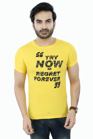 Yellow Printed Cotton Round Neck T-Shirt