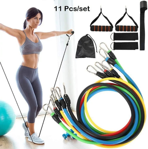 11 Pcs Portable Fitness Exercise Bands with Handles, Training Tubes with Anchor and Ankle Straps for Resistance Training, Home Workout and Gym Fitness