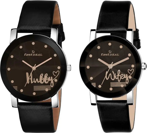 Stylish and Trendy Black Synthetic Leather Strap Analog Watch for Couples