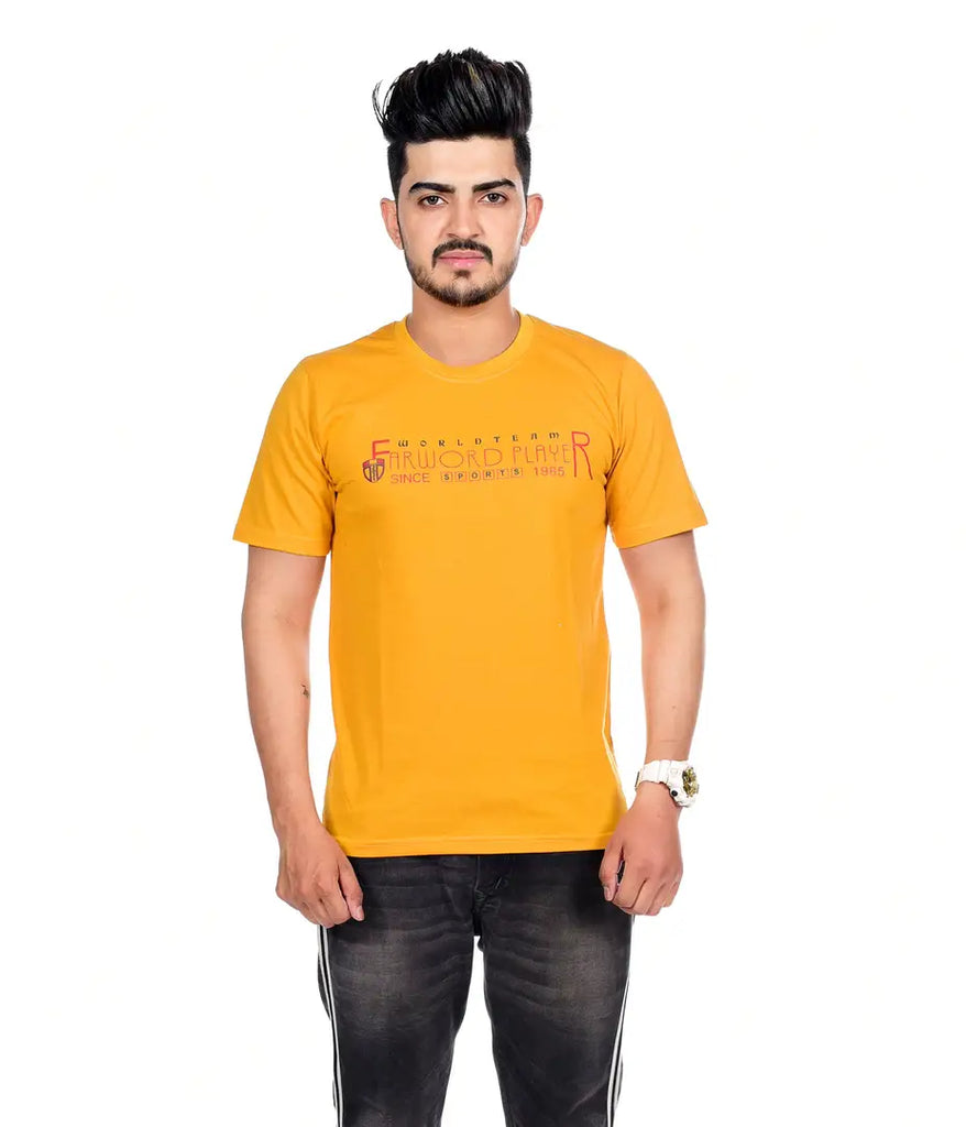 Stylish Yellow Polycotton Printed Round Neck T-Shirt For Men