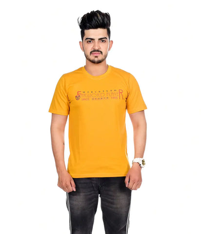Stylish Yellow Polycotton Printed Round Neck T-Shirt For Men