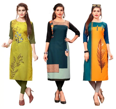 Women's Printed Full-Stitched Crepe Straight Kurti (Combo Pack Of 3)