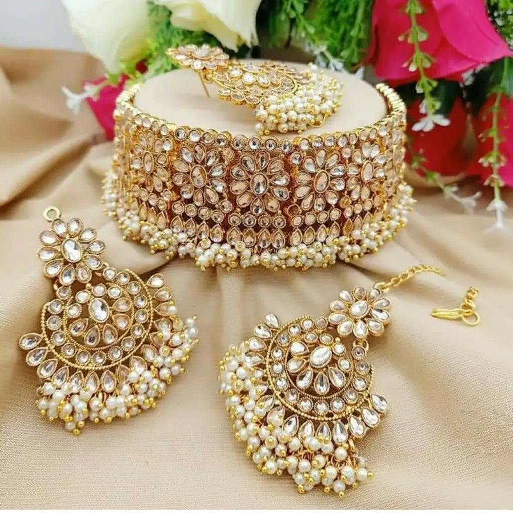 Traditional Copper Plated Artificial Kundan Stones & Bead Work Jewellery Set