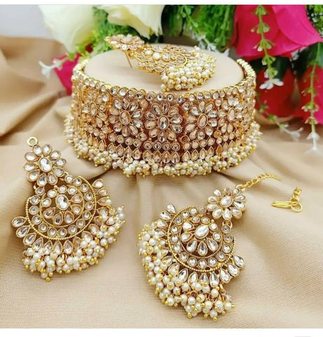 Traditional Copper Plated Artificial Kundan Stones & Bead Work Jewellery Set