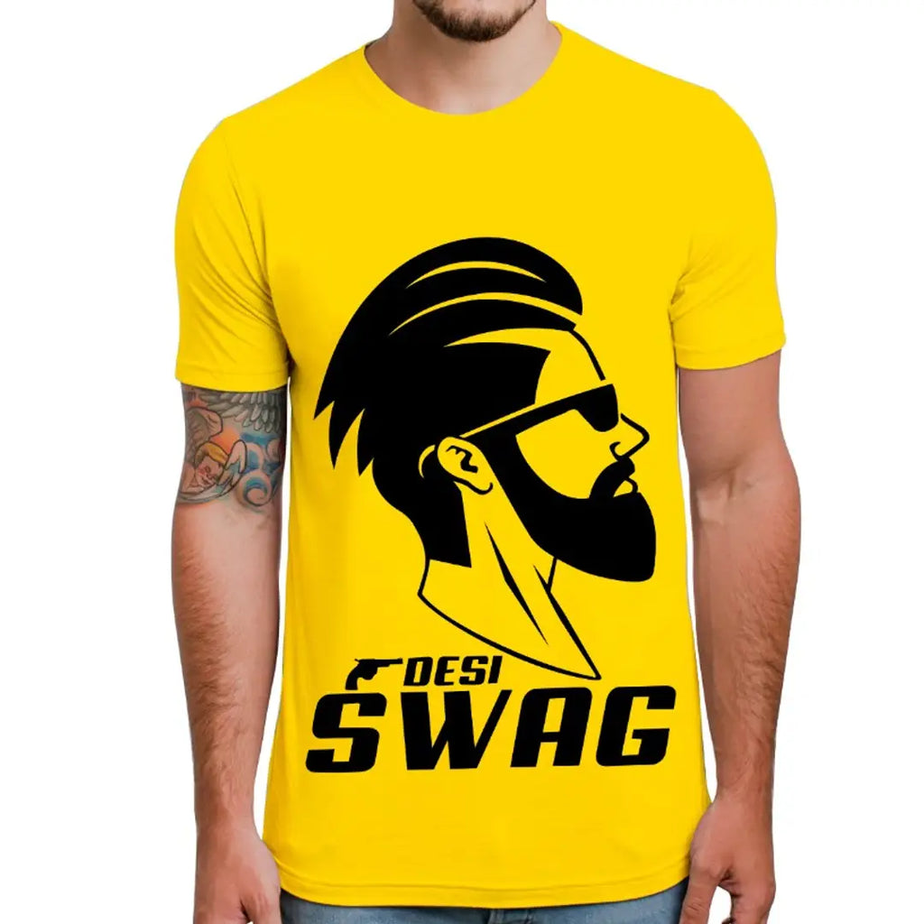 Yellow Printed Polyester Round Neck T-Shirt