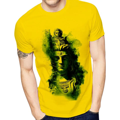 Yellow Printed Polyester Round Neck T-Shirt