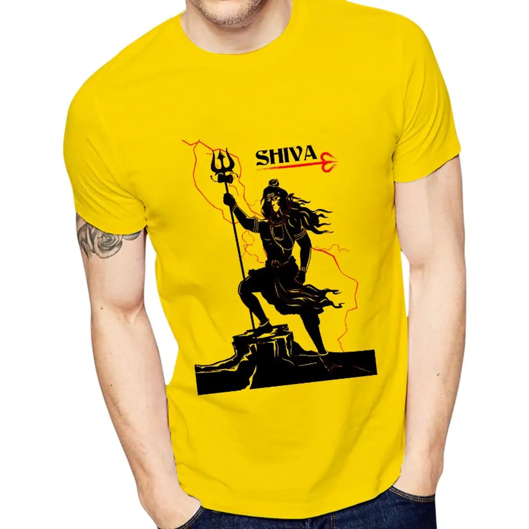 Yellow Printed Polyester Round Neck T-Shirt