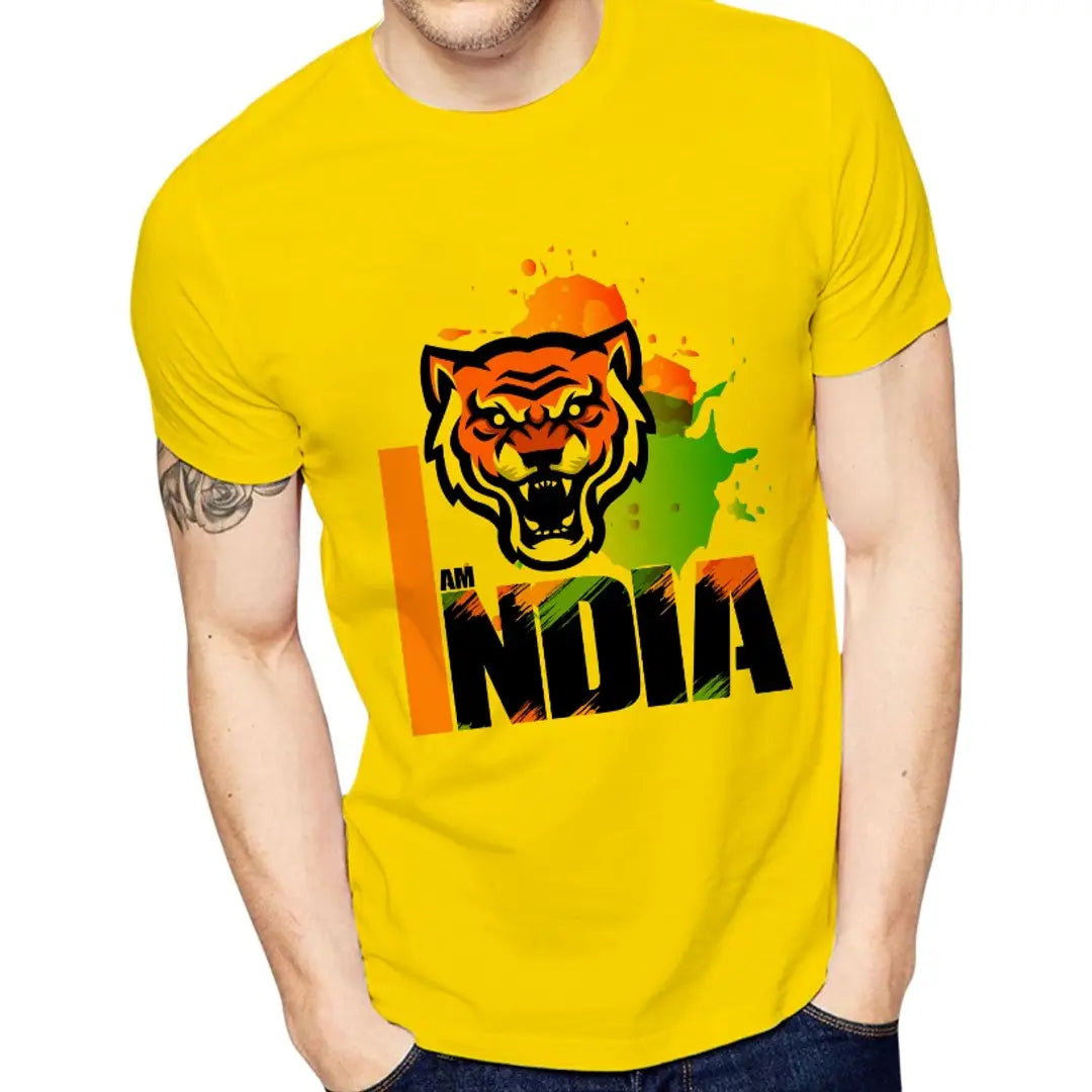 Yellow Printed Polyester Round Neck T-Shirt