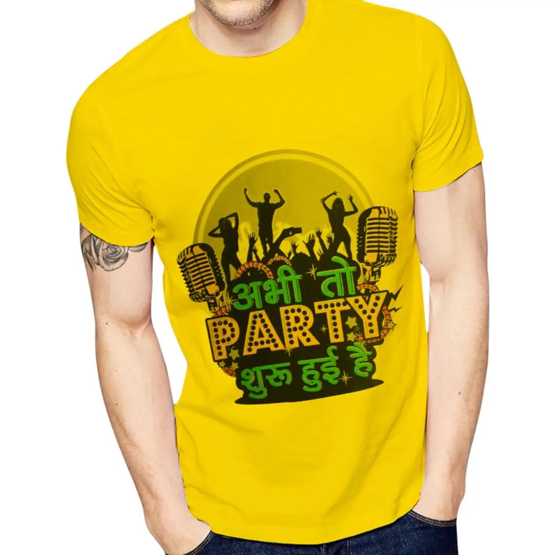 Yellow Printed Polyester Round Neck T-Shirt