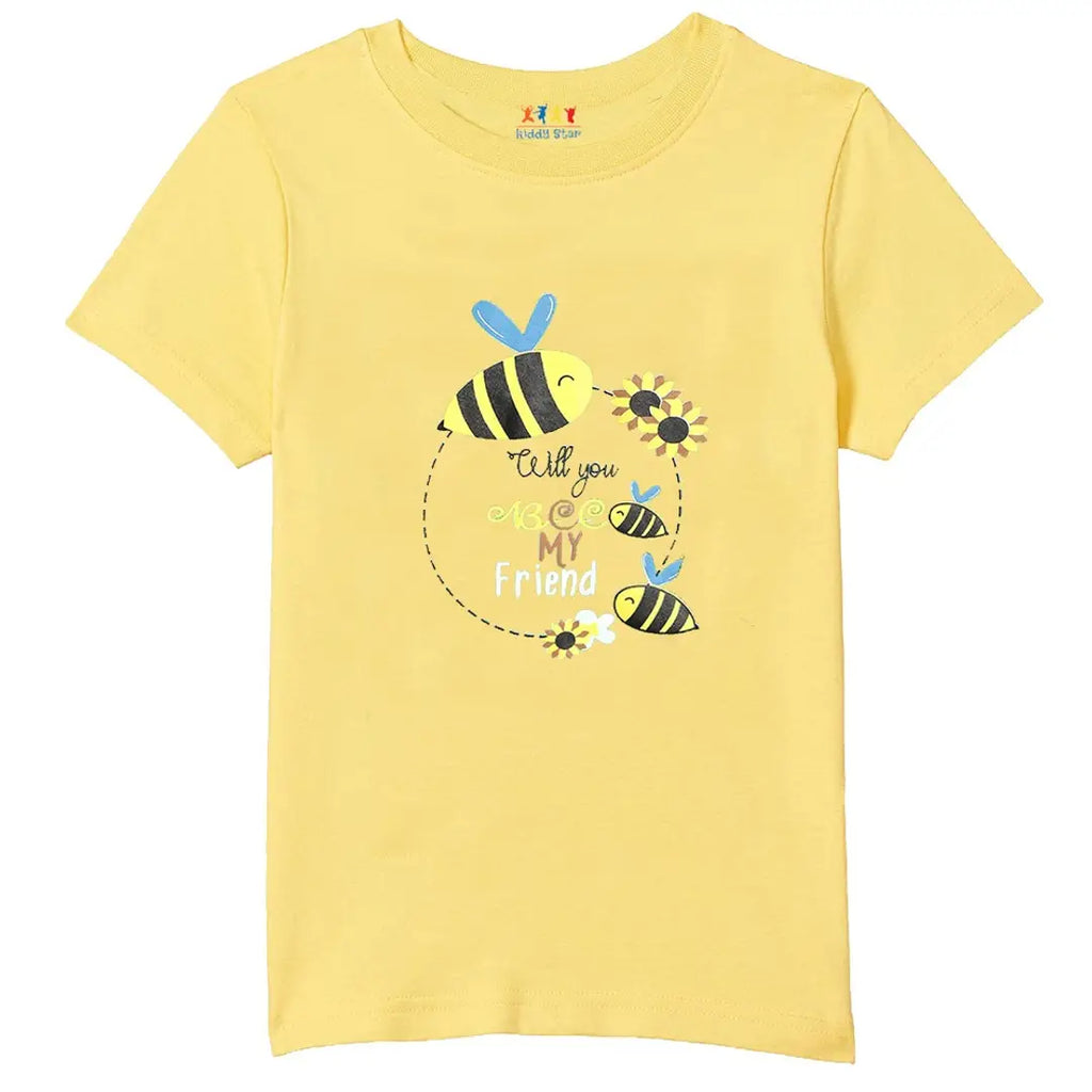 Stylish Cotton Yellow Round Neck Half Sleeves Printed T-shirt For Boys