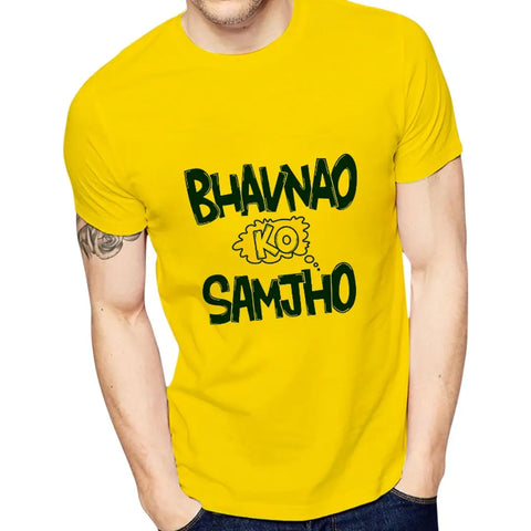 Yellow Printed Polyester Round Neck  T-Shirt