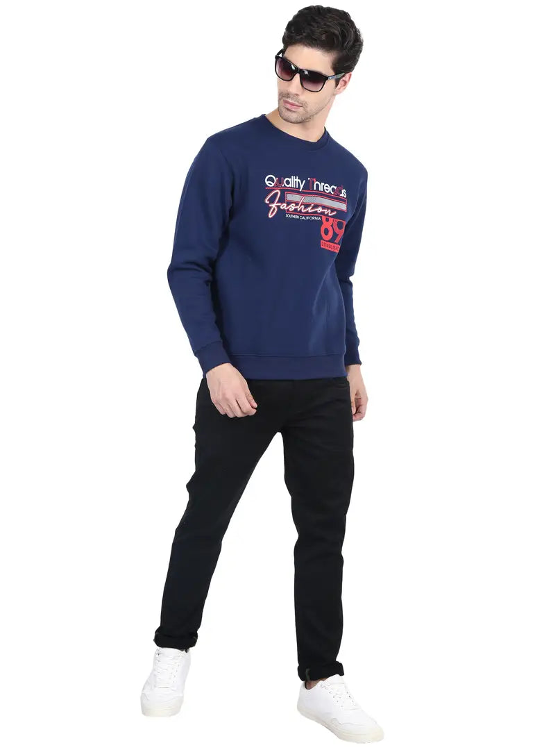 Stylish 3 Thread Fleece Navy Blue Full Sleeves Without Hood Sweatshirt For Men