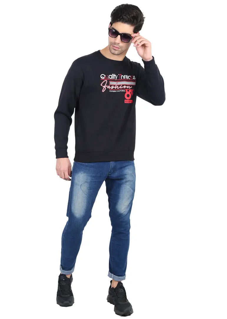 Stylish 3 Thread Fleece Black Full Sleeves Without Hood Sweatshirt For Men