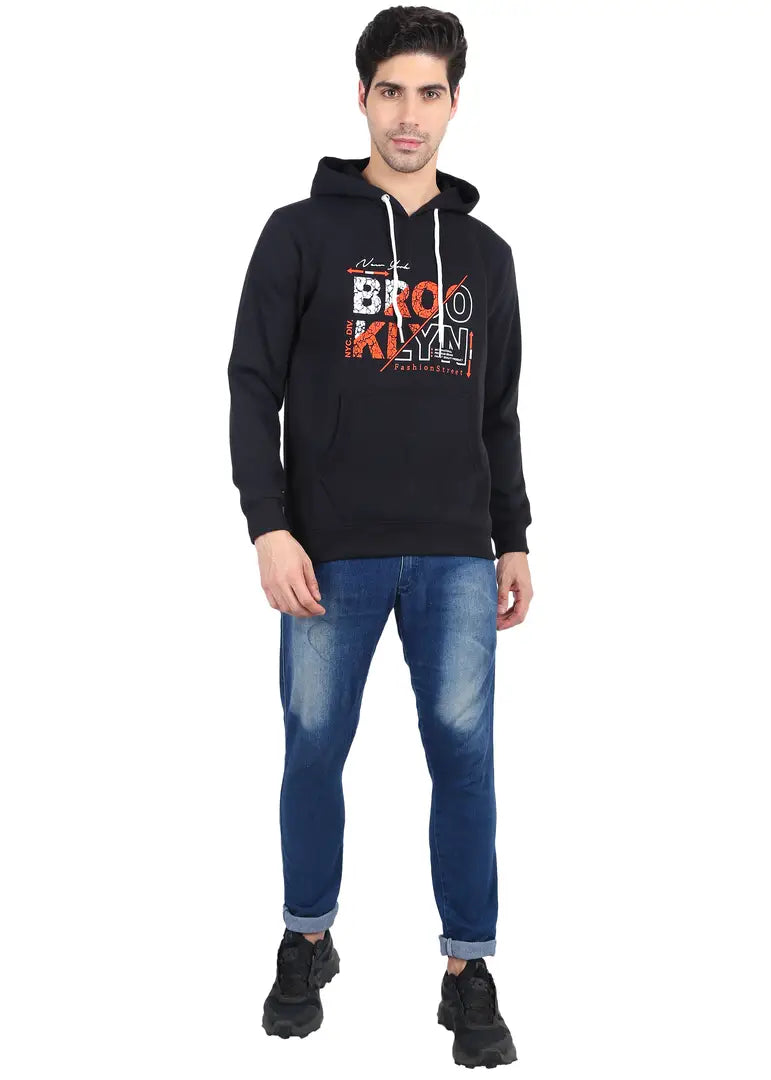 Stylish 3 Thread Fleece Black Full Sleeves Non-Detachable Hood Sweatshirt For Men