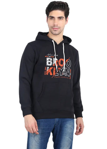 Stylish 3 Thread Fleece Black Full Sleeves Non-Detachable Hood Sweatshirt For Men