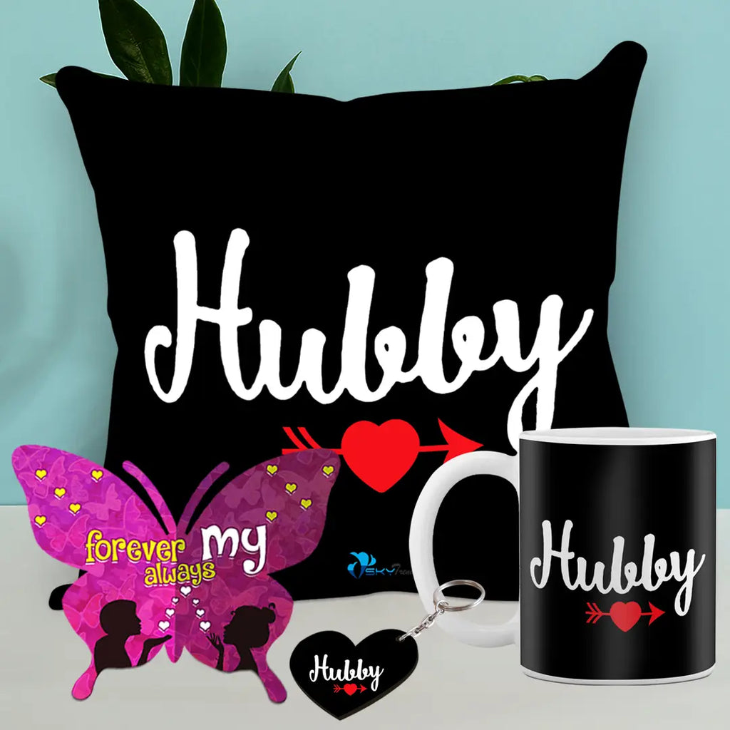 Valentine Gift Combo Printed Cushion Cover, Filler, Coffee Mug With Butterfly Shaped Greeting Card And Heart Shaped Wooden Keycahin