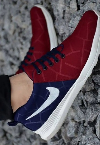 Elite Maroon and Blue Mesh Self Design Sneakers for Men