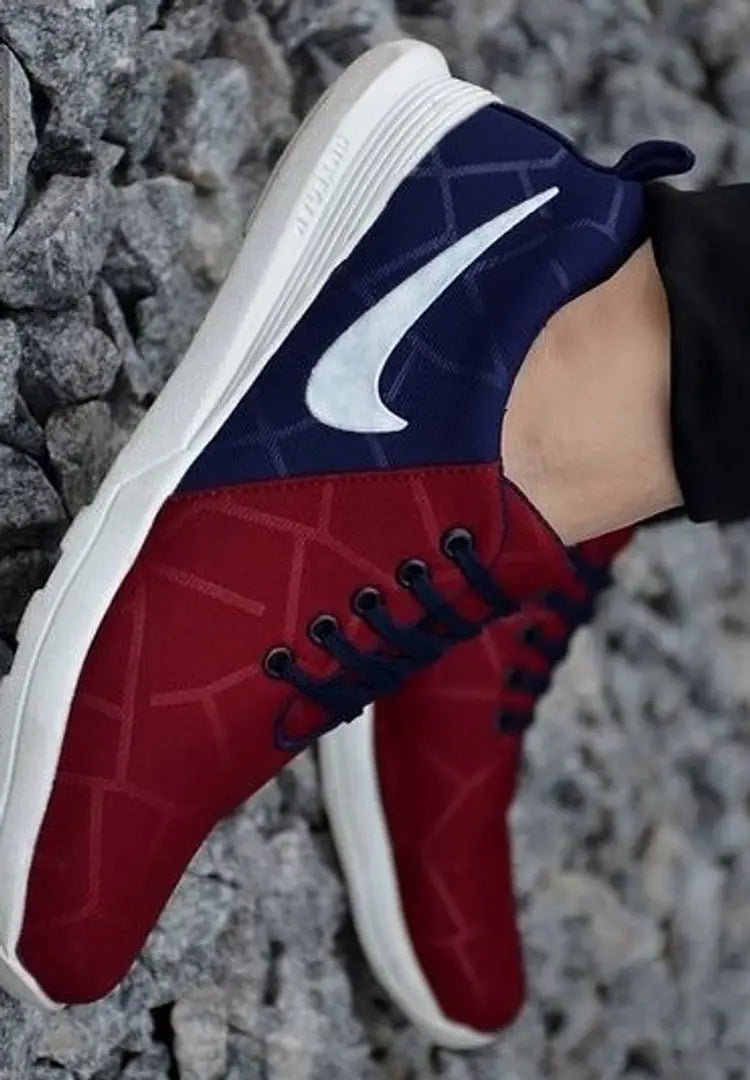 Elite Maroon and Blue Mesh Self Design Sneakers for Men