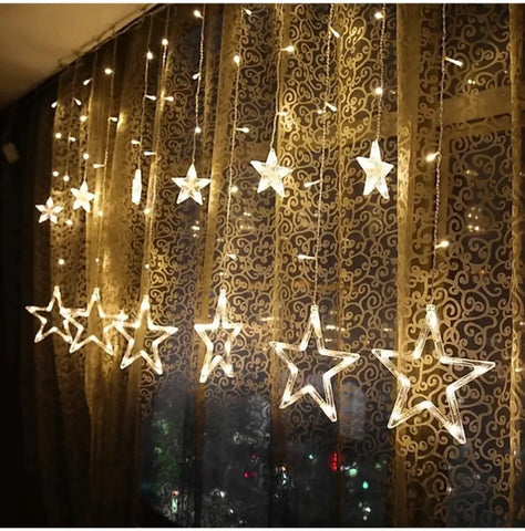 12 Stars 138 LED Curtain String Lights Window Curtain Lights with 8 Flashing Modes Decoration for Christmas, Wedding, Party, Home, Patio Lawn Warm White