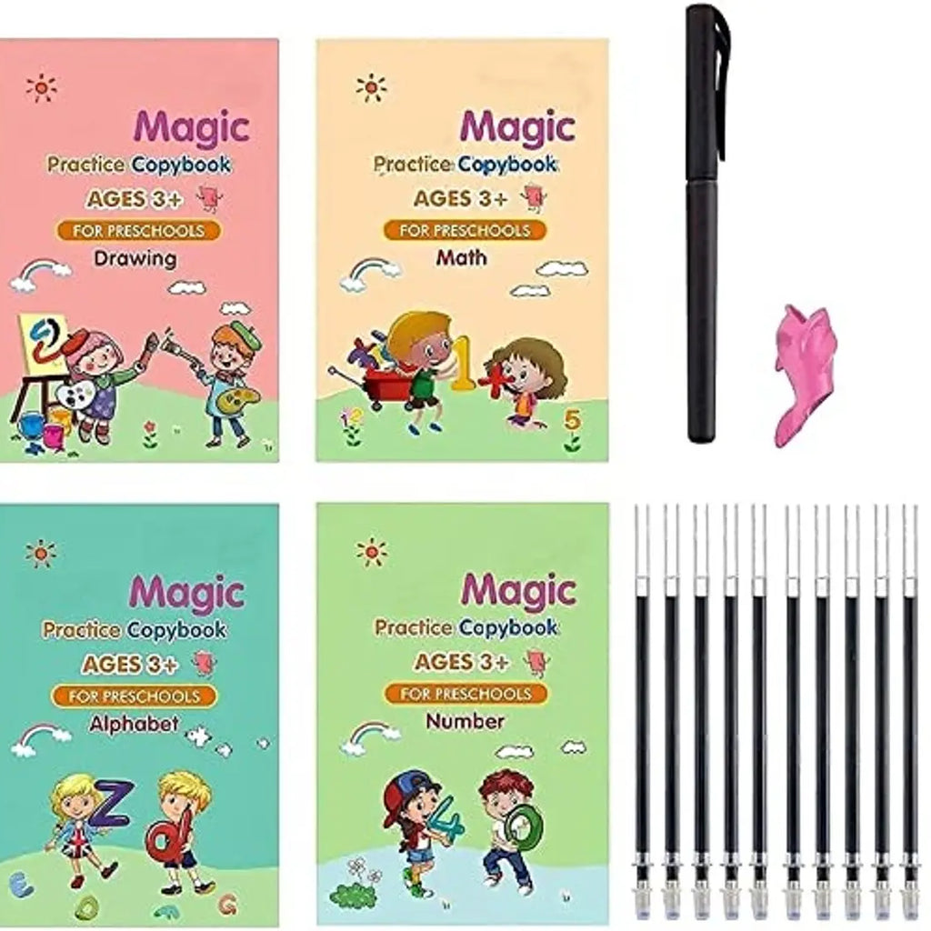 Sank Magic Practice Copybook, Number Tracing Book for Preschoolers with Pen, Magic Calligraphy Copybook Set Practical Reusable Writing Tool Simple Hand Lettering (4 BOOK + 10 REFILL+ 1 Pen + 1 Grip)