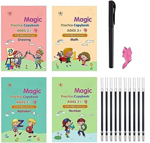 Sank Magic Practice Copybook, Number Tracing Book for Preschoolers with Pen, Magic Calligraphy Copybook Set Practical Reusable Writing Tool Simple Hand Lettering (4 BOOK + 10 REFILL+ 1 Pen + 1 Grip)