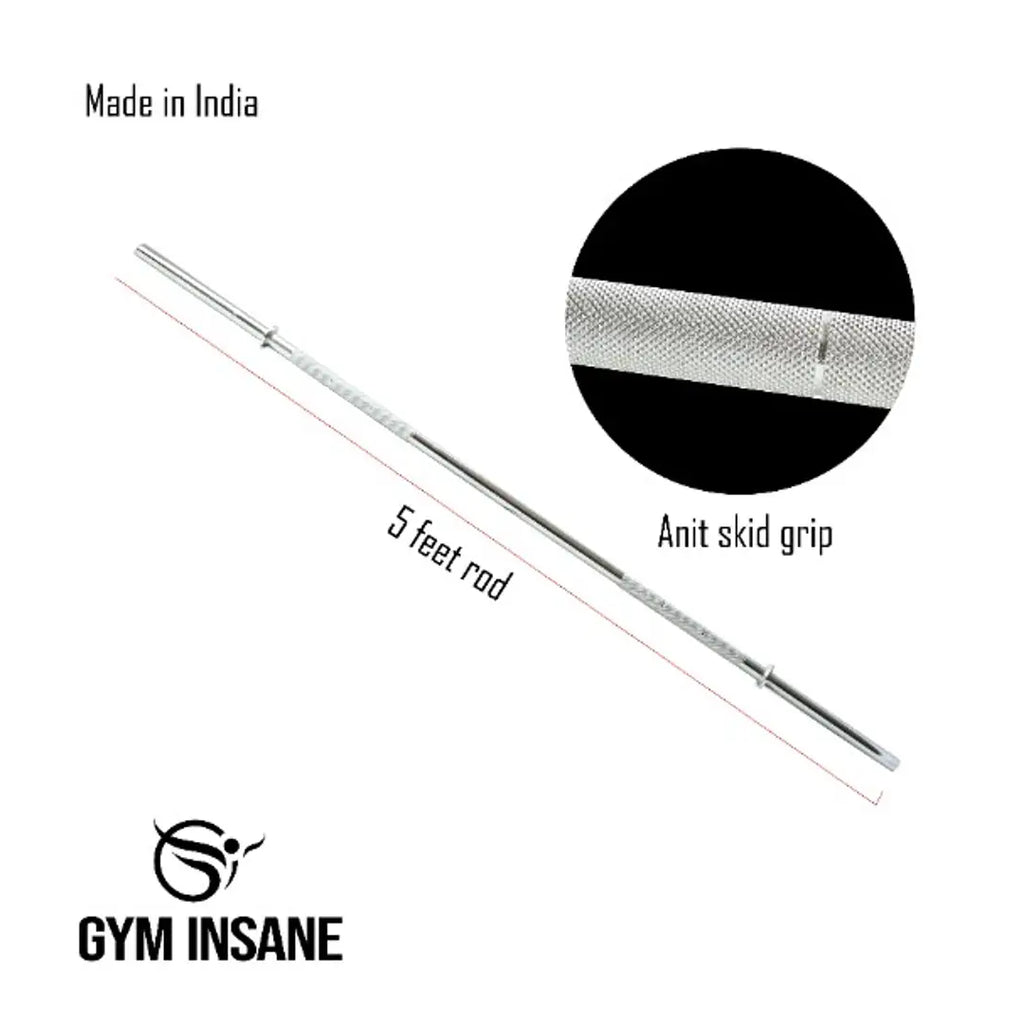 19 MM THICKNESS 5 FEET STRAIGHT ROD 4 SPRING LOCK BEST FOR HOME GYM  EXERCISE  WORKOUT COLOUR;;-SILVER Feature:-Chrome Nikkle appled On The Surface. Sleeves Length:-6 Diamong Knurled Grip