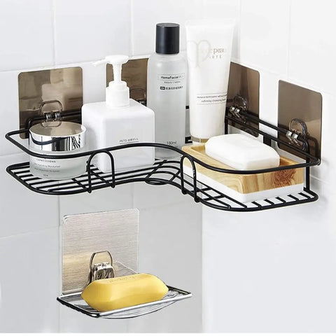 Single Soap Dish Holder and Adjustable Metal Corner Bathroom Shelf,No Drilling Rack for Washroom,Toilet,Dorm,Kitchen Wall Mounted Storage Organizer (1-pis Soap dish Silver  1-pis Metal Corner Black )