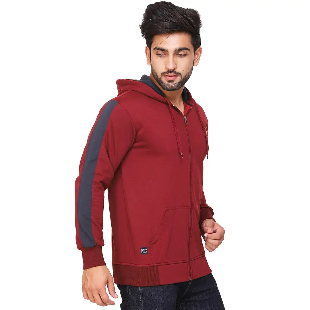 Stylish Wool Blend Self Pattern Long Sleeves Hooded Sweatshirts For Men