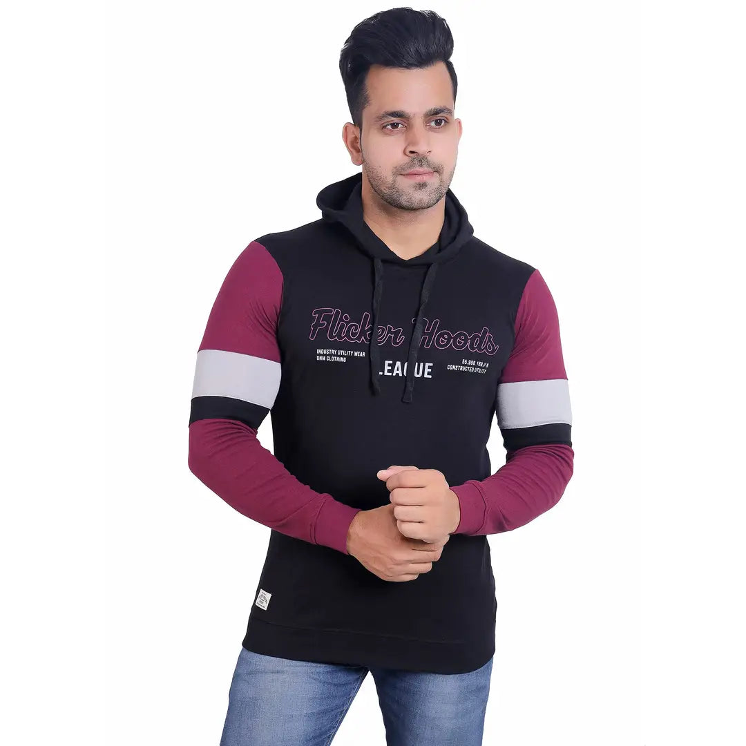 Stylish Wool Blend Self Pattern Long Sleeves Hooded Sweatshirts For Men