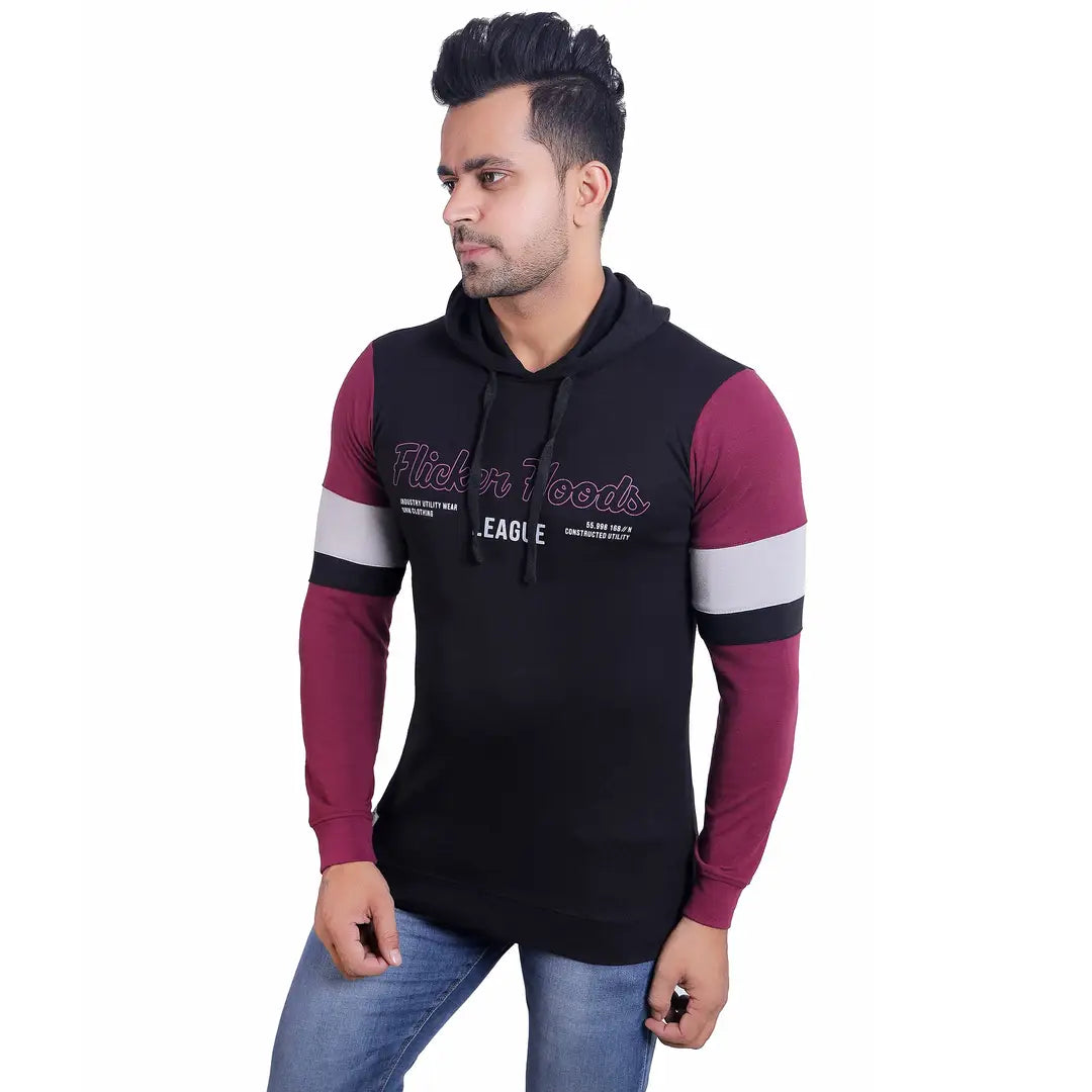 Stylish Wool Blend Self Pattern Long Sleeves Hooded Sweatshirts For Men