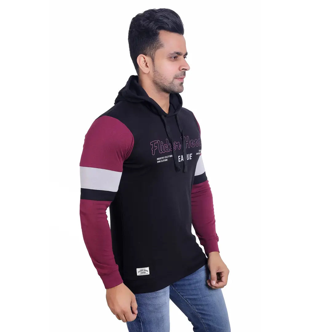 Stylish Wool Blend Self Pattern Long Sleeves Hooded Sweatshirts For Men