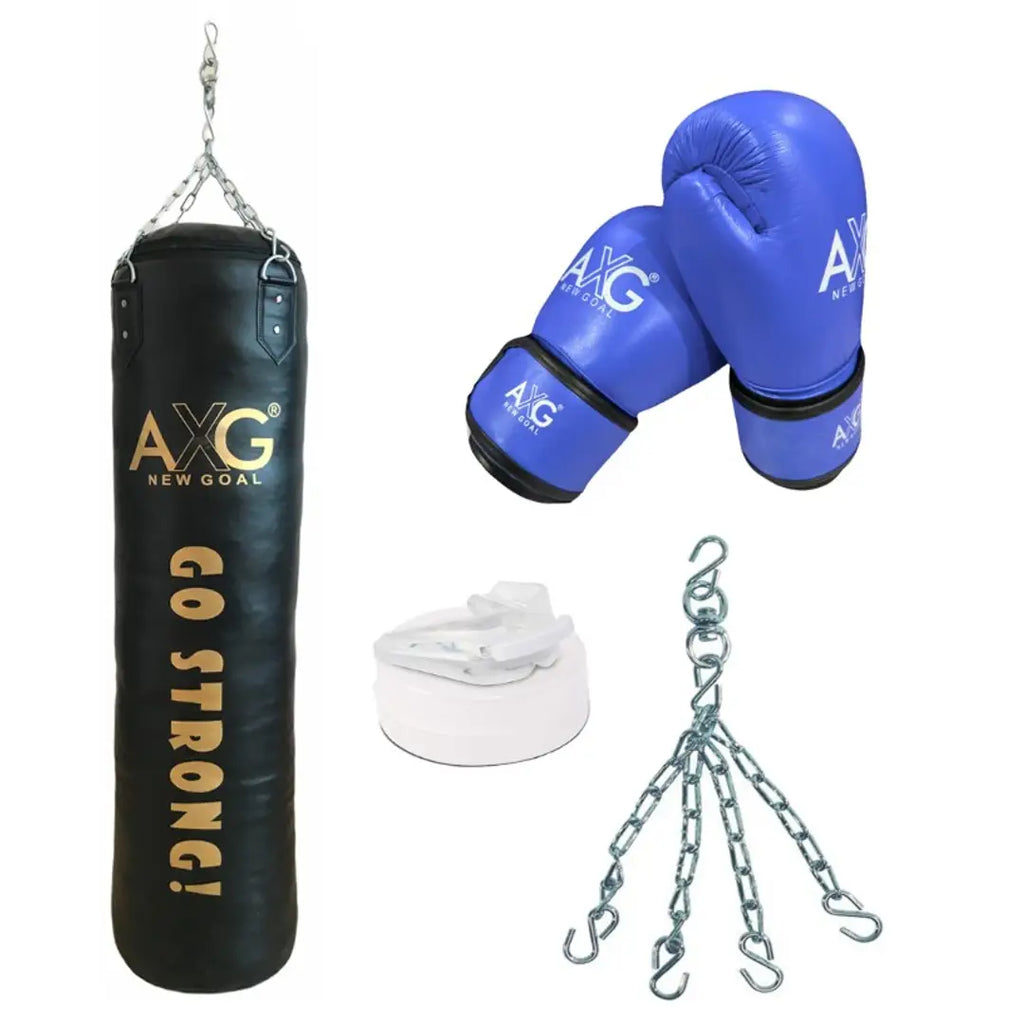 AXG NEW GOAL Professional Unfilled 4ft Punching Bag With Chain, Guard, Leather Gloves 10oz Boxing Kit